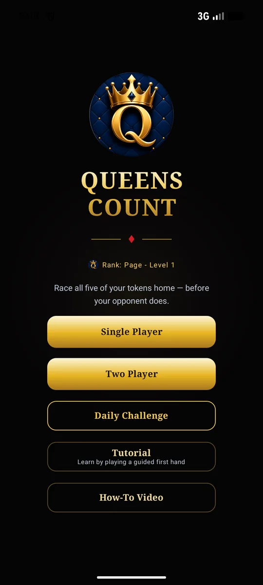 Title menu with the gold crowned Q icon and Single Player, Two Player, and Daily Challenge modes