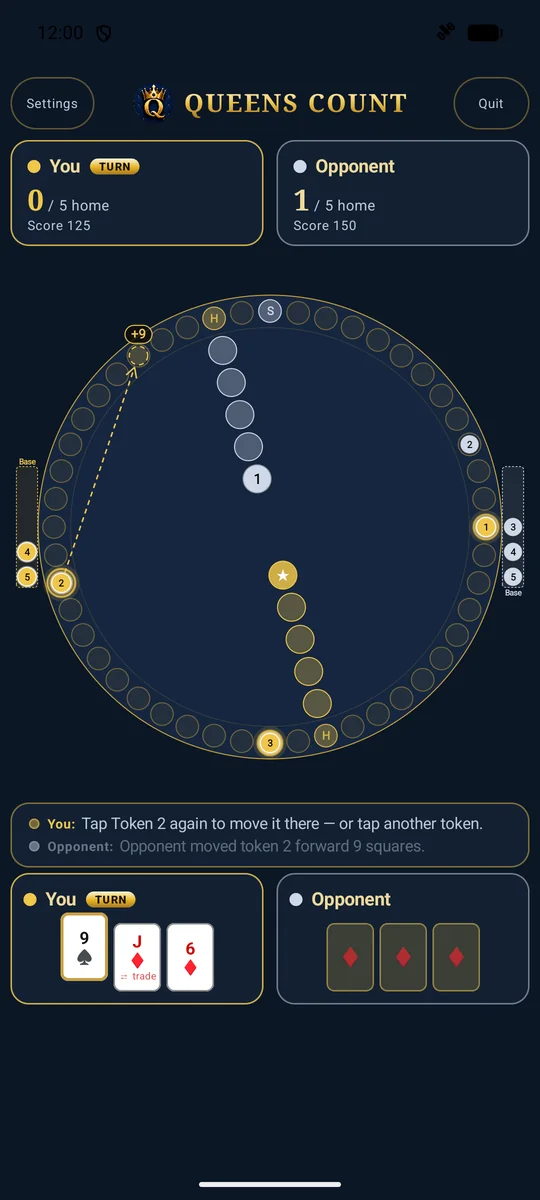 Mid-game on the circle board: a dashed preview arrow shows token 2 advancing nine squares