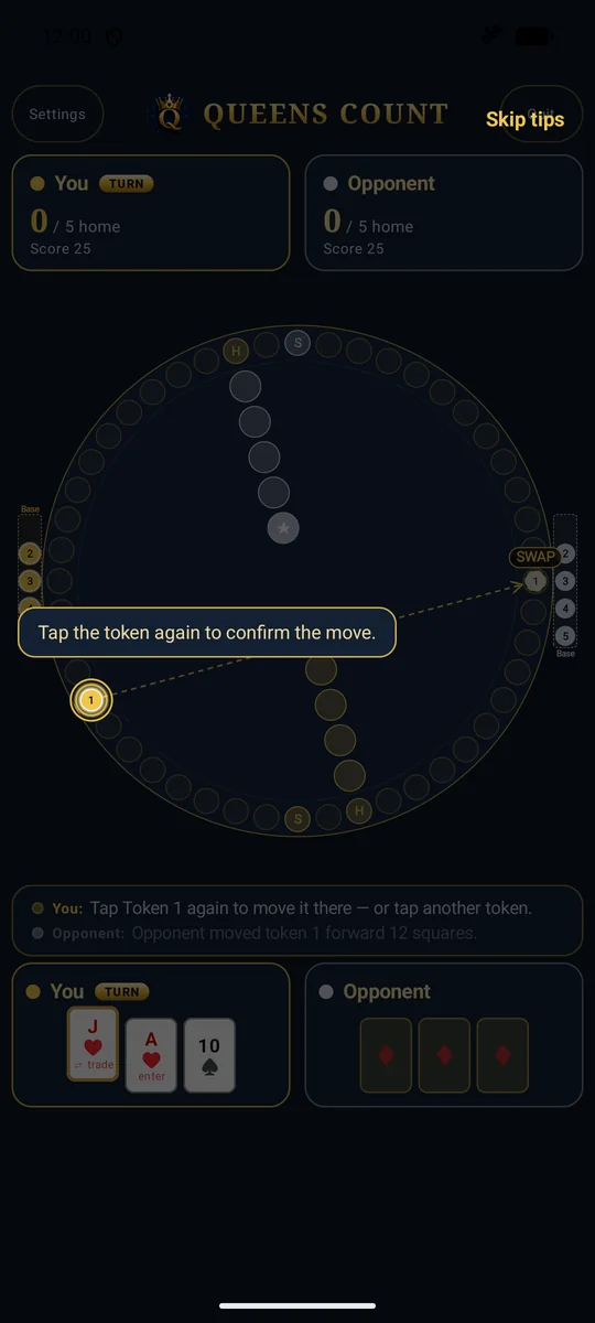 Playing the Jack: a swap preview shows your token trading places with the opponent's