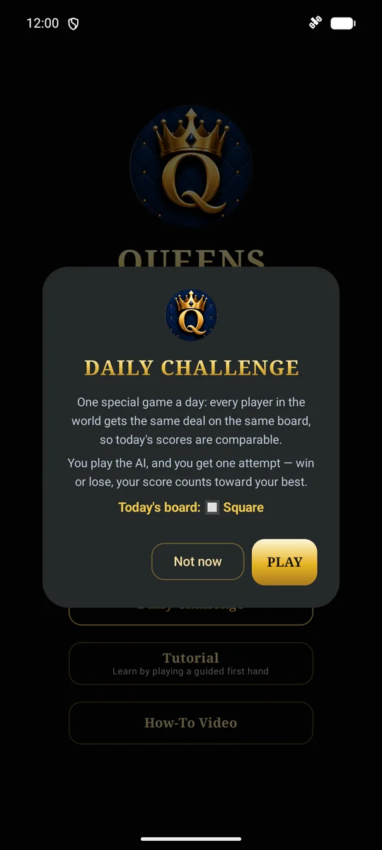 Daily Challenge dialog — one seeded game a day, the same deal for every player in the world